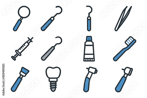 Dental tools icons set representing various instruments for oral care and hygiene.