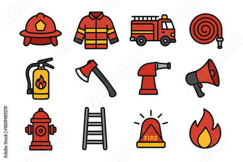 Firefighting equipment icons: helmet, hose, extinguisher, truck, ladder, hydrant, axe.