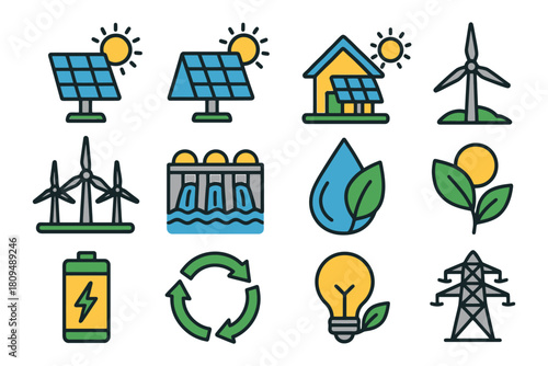 Renewable energy icons: solar, wind, hydropower, and more sustainable solutions.