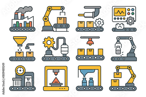 Industrial automation icons: conveyor, robotics, factory machinery collection.