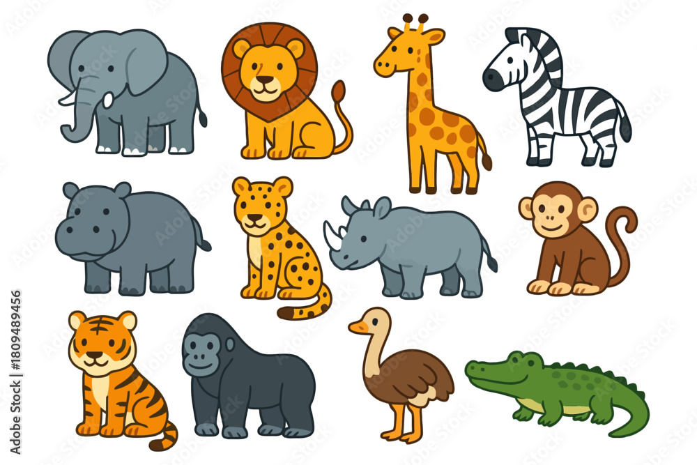 Obraz premium Diverse cartoon safari animals collection featuring elephants lions giraffes zebras and more.
