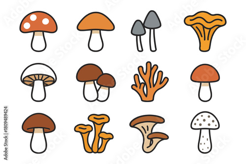 Colorful cartoon mushroom variety - fun illustrations of mushrooms and fungi.