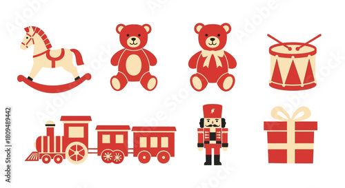 Collection of Classic Christmas Toys Rocking Horse Teddy Bears Train Drum Nutcracker and Gift.