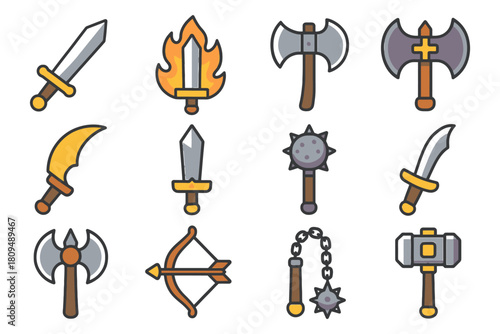 Medieval weapon collection: swords, axes, mace, bow, hammer icons.