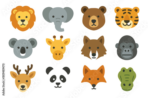 Cute animal faces vector icons collection with various species.