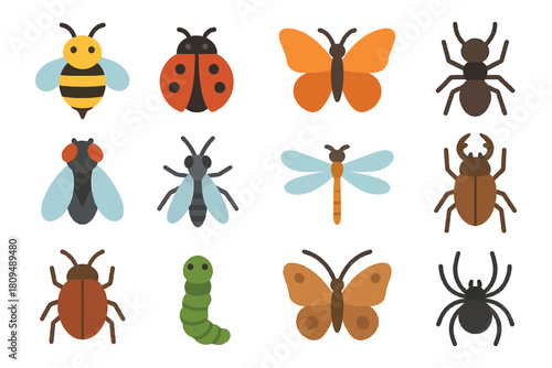 Collection of colorful insect icons featuring bees, butterflies, and beetles.