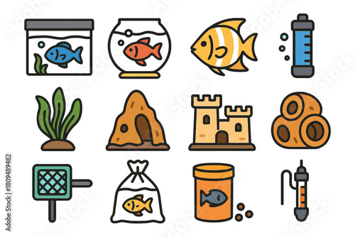 Colorful aquarium icons featuring fish, plants, castles, and accessories.