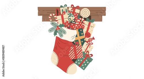 Christmas Stocking Overflowing with Gifts and Holiday Cheer.