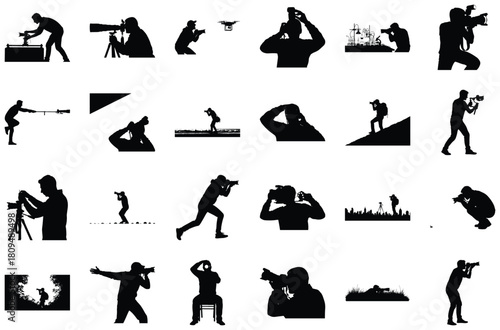 Collection of Photographer Silhouettes with Cameras and Drones Keywords: photographer