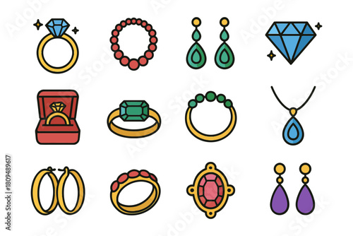 Colorful jewelry collection: rings, earrings, necklaces with gemstones and diamonds.