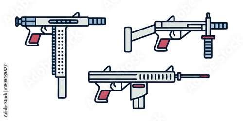 Three stylized submachine guns are depicted in a flat illustration style.