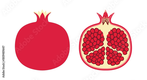 Illustration of a whole and halved pomegranate revealing its vibrant seeds