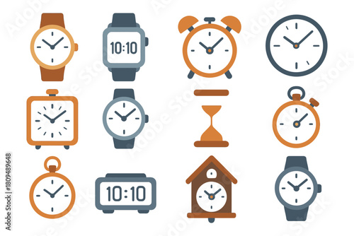 Collection of various analog and digital clocks and watches.