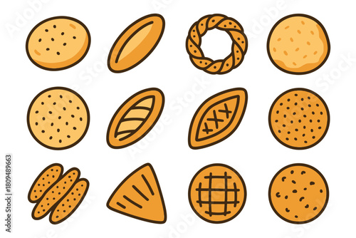 Assorted cookie and biscuit illustrations with varied shapes and patterns.