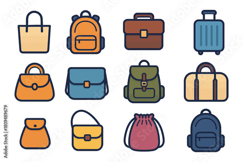 Collection of various stylish bags and luggage icons.