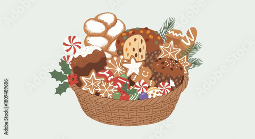 Festive Christmas Basket Filled with Holiday Treats and Decorations.