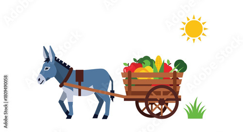 A gray donkey carrying a wooden cart filled with fresh produce and sunshine