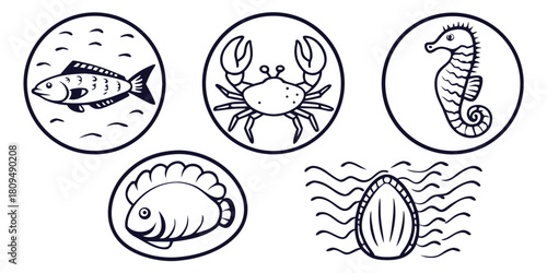 A collection of diverse seafood illustrations including fish, crab, seahorse, and shellfish.