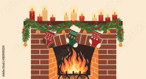 Festive Fireplace with Christmas Stockings and Garland Decoration.