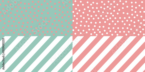 A split image of pink and green polka dots and stripes in a diagonally patterned design layout style