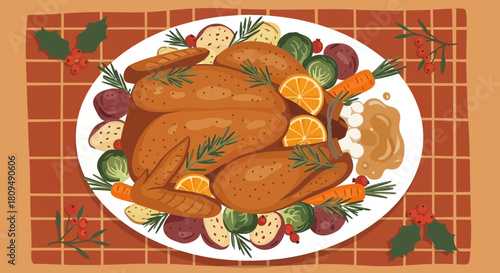 Festive Thanksgiving Turkey Platter with Vegetables and Orange Slices.