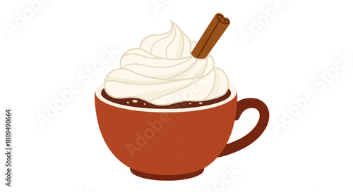 Hot Chocolate with Whipped Cream and Cinnamon Stick Illustration.