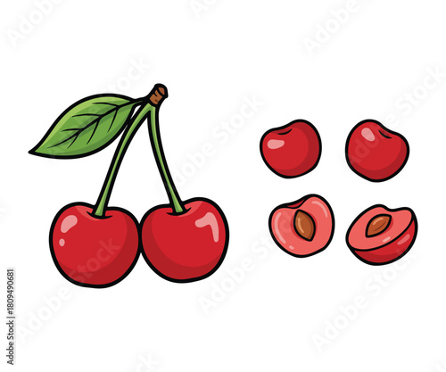 Red Cherries Vector Illustration, Pair of Berries with Stems and Slices Isolated on White Background