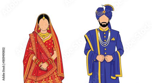 Illustration of a traditionally dressed indian couple in wedding attire