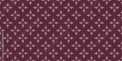 Delicate minimal floral ornament. Elegant vector geometric seamless pattern with small flowers, leaves. Simple minimalist oriental background texture. Maroon and pink color. Repeating design for print