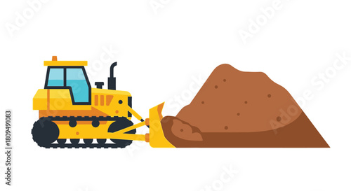 Cartoon illustration of a yellow bulldozer pushing a pile of dirt