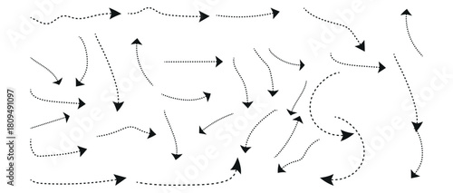 Set of curved dotted line arrow set. Squiggly dotted arrow, vector dashed curved line arow set. Curved dotted line arrow set. 