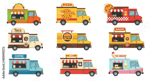 Food Trucks Culinary Delights on Wheels, Colorful Icon Set