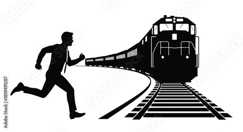 A man running alongside a speeding train on railway tracks