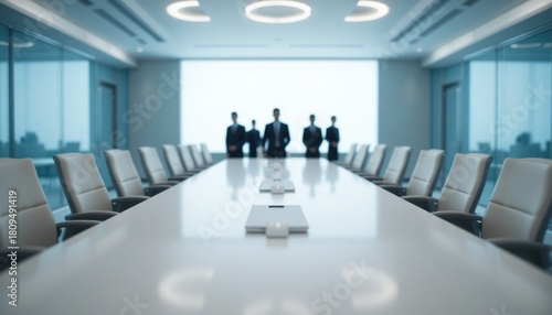 Long conference table leading to blurred business executives in a modern, symmetrical boardroom with elegant leather chairs