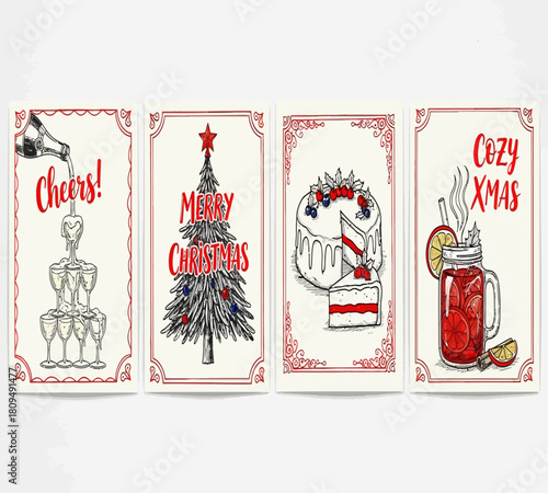 Illustration of a festive collection of handdrawn christmas and new year cards isolated on white background, featuring champagne, cake, and cozy winter scenes for holiday greetings