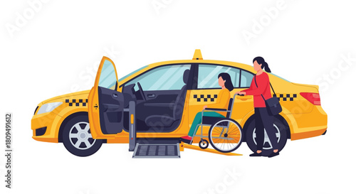 Accessible transportation a yellow taxi with a wheelchair ramp for inclusivity