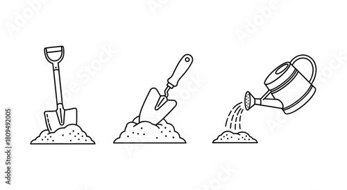 Gardening tools including a shovel trowel and watering can in a line art style