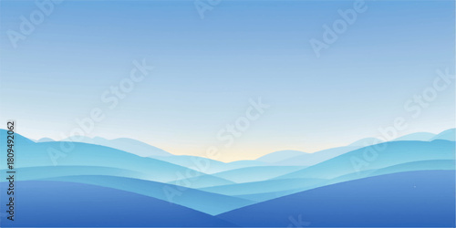 Soft blue gradient hills under a peaceful sunrise – minimal vector landscape background with calm layered tones and smooth atmospheric depth.