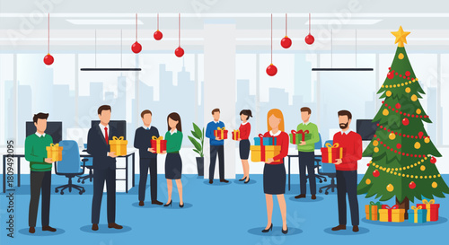 Business team celebrating Christmas at a corporate party in a modern office, happy colleagues exchanging festive gifts near a decorated tree