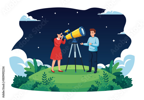 A young couple enjoys stargazing with a professional telescope on a hill at night, exploring the universe together. Vector illustration e.eps