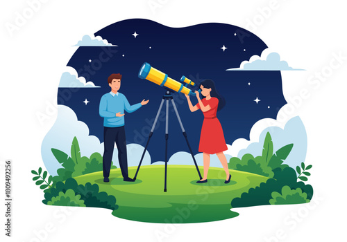 Curious couple explores the cosmos with a large telescope, discovering celestial wonders during a peaceful night of stargazing and astronomical observation