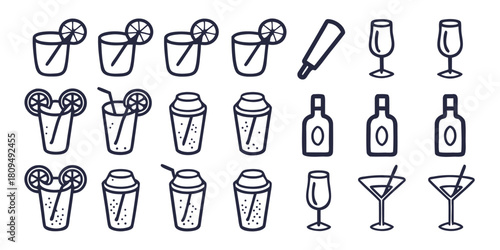 A collection of stylized icons representing various alcoholic beverages and bar tools.