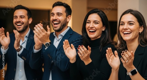Dynamic team joyfully celebrating success, clapping and laughing together at a company event