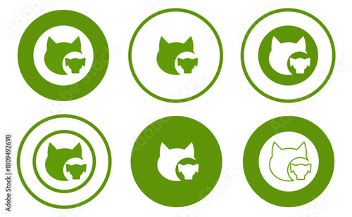 Pet friendly icons. Vet approved icon set. Veterinary diet, Veterinarian approved label, logo, badge, round, circle, green, symbol, line, flat vector, isolated on white background. Pet friendly icons.