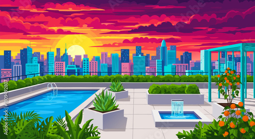Sunset over the City Rooftop Oasis with Pool and Skyscrapers, Beautiful Day, Urban Landscape