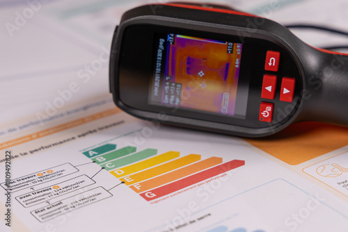 Une caméra thermique avec le dossier de diagnostic DPE d'un appartement. 