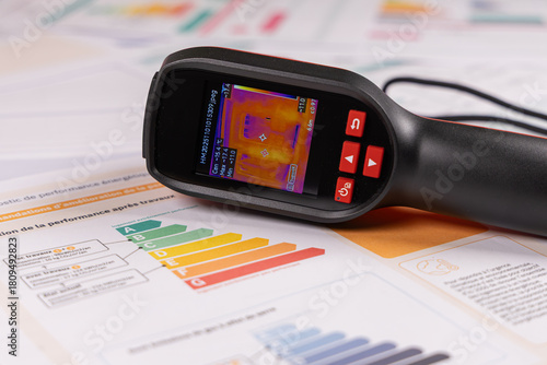 Gros plan sur une caméra thermique avec le dossier de  diagnostic DPE d'un appartement. 