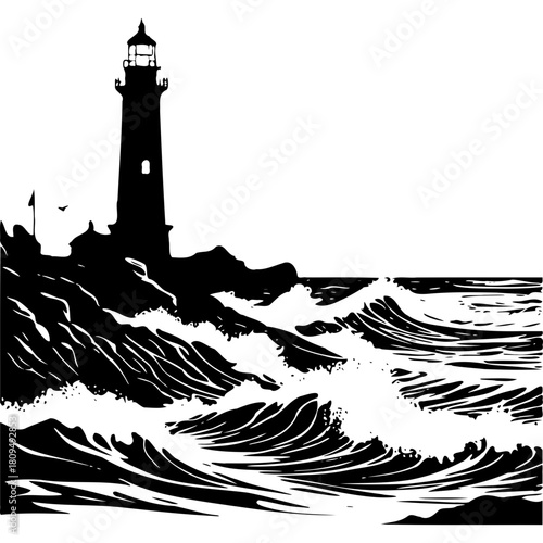 Lighthouse vector illustration black and white ocean waves rocky coast silhouette