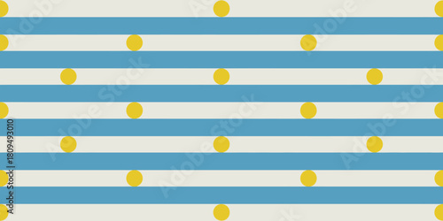 A repeating pattern of blue and white stripes with evenly spaced yellow dots across the entire image area