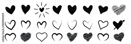 Hand drawn heart icons set, love and romance doodles vector design on transparent background. pink hand drawn hearts. unique heart various styles and shapes. Pink hearts doodle artistic set. Valentine